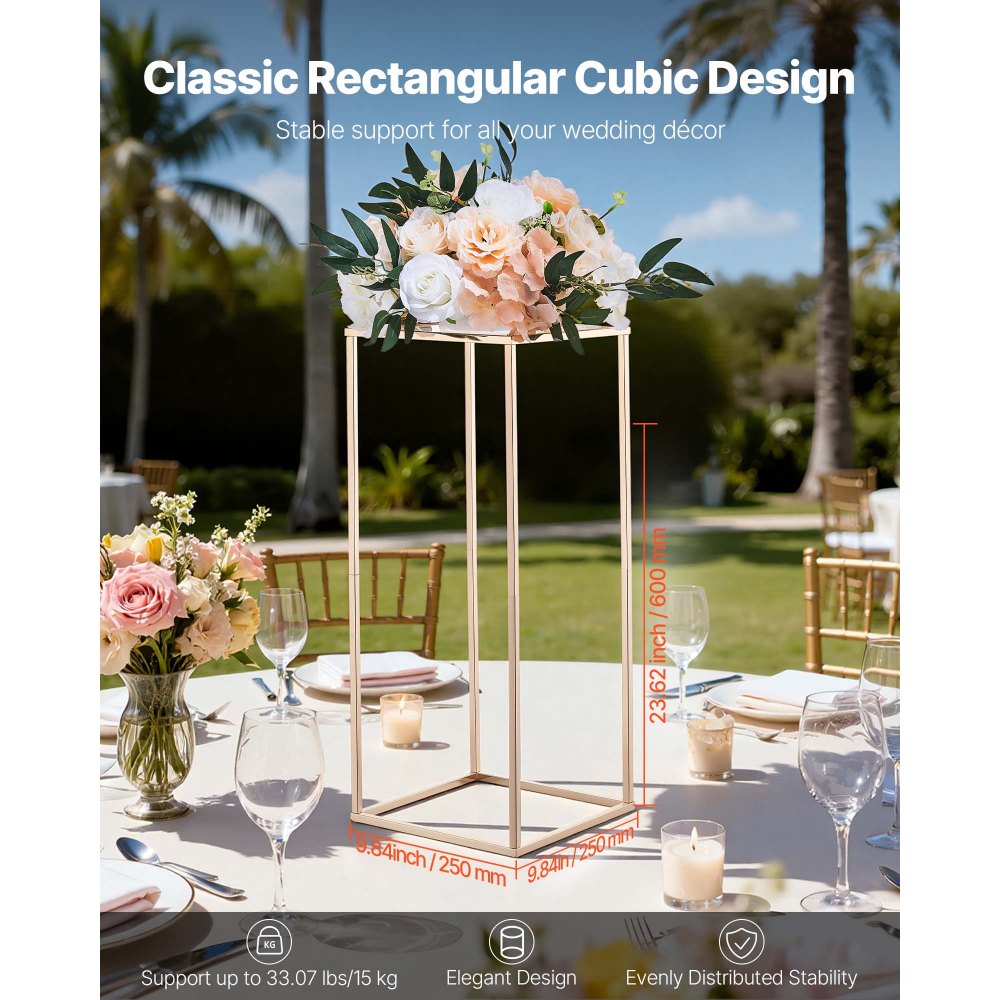 VEVOR Wedding Flower Stand, 10PCS 23.62-inch Column Flower Stand, Floral Stands with Metal Laminate, Rectangular Floral Display Rack for Wedding, Party, Birthday, Home, French Gold Stands