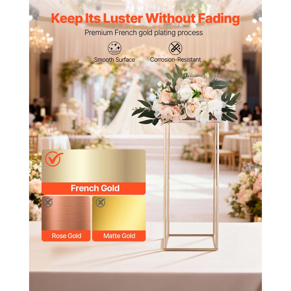 VEVOR Wedding Flower Stand, 10PCS 23.62-inch Column Flower Stand, Floral Stands with Metal Laminate, Rectangular Floral Display Rack for Wedding, Party, Birthday, Home, French Gold Stands