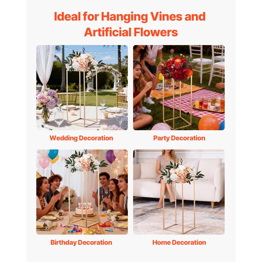 VEVOR Wedding Flower Stand, 10PCS 23.62-inch Column Flower Stand, Floral Stands with Metal Laminate, Rectangular Floral Display Rack for Wedding, Party, Birthday, Home, French Gold Stands