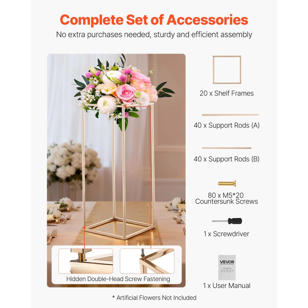 VEVOR Wedding Flower Stand, 10PCS 23.62-inch Column Flower Stand, Floral Stands with Hidden Screw, Rectangular Cubic Floral Display Rack for Wedding, Party, Birthday, Home, French Gold Stands