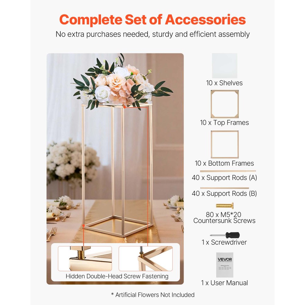 VEVOR Wedding Flower Stand, 10PCS 23.62-inch Column Flower Stand, Floral Stands with Acrylic Laminate, Rectangular Floral Display Rack for Wedding, Party, Birthday, Home, French Gold Stands
