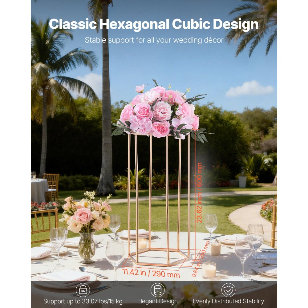 VEVOR Wedding Flower Stand, 10PCS 23.62-inch Column Flower Stand, Floral Stands with Acrylic Laminate, Hexagonal Cubic Floral Display Rack for Wedding, Party, Birthday, Home, French Gold Stands