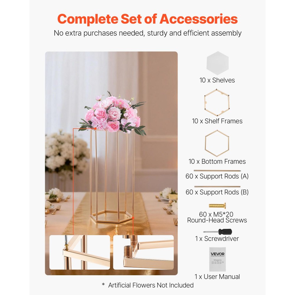 VEVOR Wedding Flower Stand, 10PCS 23.62-inch Column Flower Stand, Floral Stands with Acrylic Laminate, Hexagonal Cubic Floral Display Rack for Wedding, Party, Birthday, Home, French Gold Stands
