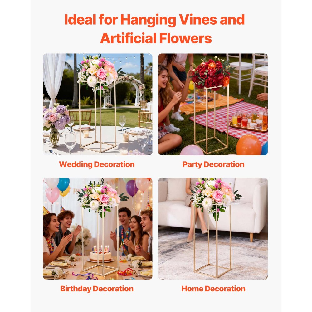 VEVOR Wedding Flower Stand, 10PCS 31.5-inch Column Flower Stand, Floral Stands with Hidden Screw, Rectangular Cubic Floral Display Rack for Wedding, Party, Birthday, Home, French Gold Stands