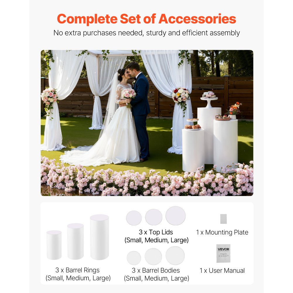 VEVOR Wedding Flower Stand, 3PCS 23.62/29.53/35.43 inch Round Cylinder Plinth, White Pedestal Stand with PVC Lid, Cylindrical Pedestal Stands for Wedding, Party, Birthday, Art Decor, 33.07 lbs Load