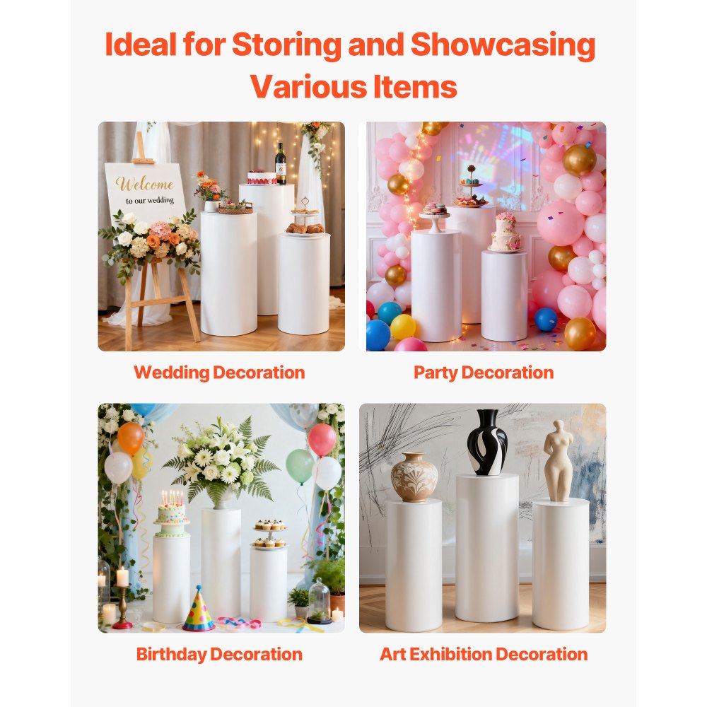 VEVOR Wedding Flower Stand, 3PCS 23.62/29.53/35.43 inch Round Cylinder Plinth, White Pedestal Stand with PVC Lid, Cylindrical Pedestal Stands for Wedding, Party, Birthday, Art Decor, 33.07 lbs Load