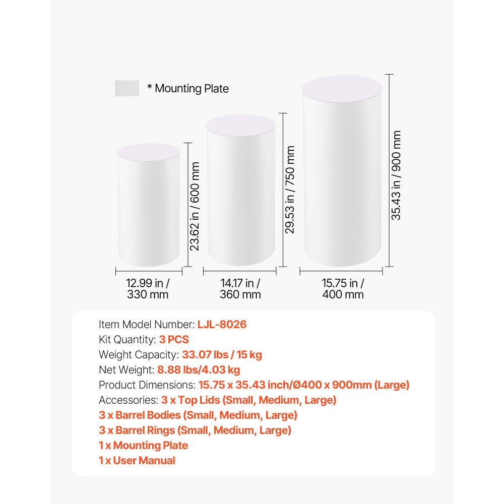 VEVOR Wedding Flower Stand, 3PCS 23.62/29.53/35.43 inch Round Cylinder Plinth, White Pedestal Stand with PVC Lid, Cylindrical Pedestal Stands for Wedding, Party, Birthday, Art Decor, 33.07 lbs Load