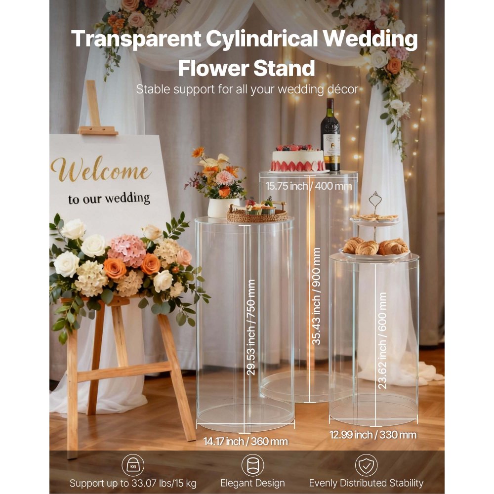 VEVOR Wedding Flower Stand, 3PCS 23.62/29.53/35.43 inch Round Cylinder Plinth, Clear Pedestal Stand with Transparent Acrylic Lid, Cylindrical Pedestal Stands for Wedding, Party, Birthday, Art Decor