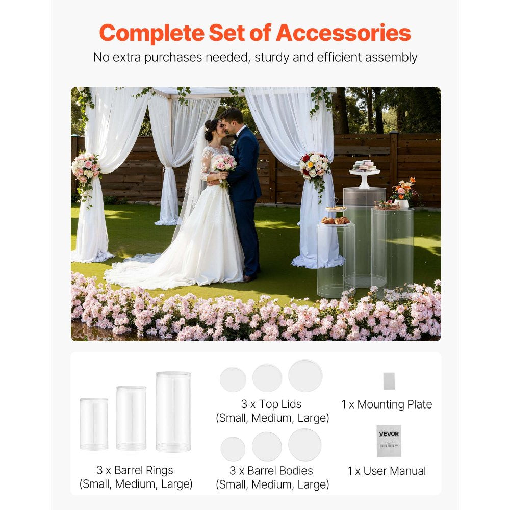 VEVOR Wedding Flower Stand, 3PCS 23.62/29.53/35.43 inch Round Cylinder Plinth, Clear Pedestal Stand with Transparent Acrylic Lid, Cylindrical Pedestal Stands for Wedding, Party, Birthday, Art Decor
