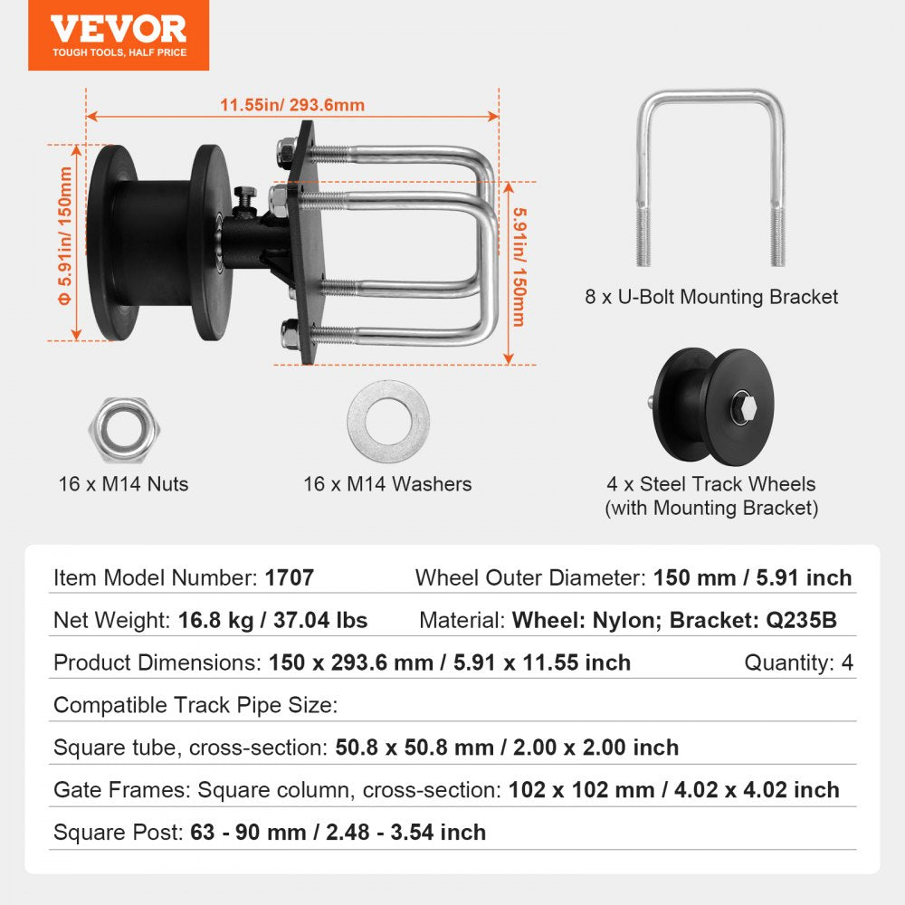 VEVOR Sliding Gate Kit, Rolling Gate Hardware Kit w/ H-Shaped Wheel Groove for Cantilever Sliding Gates and Rolling Door, Sliding Gate Rollers w/ 4 Track Wheels, Heavy Duty Sliding Roller,Black
