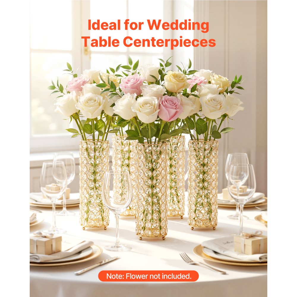 VEVOR 16 PCS Crystal Wedding Flower Vase, 10.24 in Tall Flower Table Centerpieces, Crystal Cylinder Banquet Vases Easy Installation, Versatile Arrangement Stand for Party Events Room Home Decor, Gold