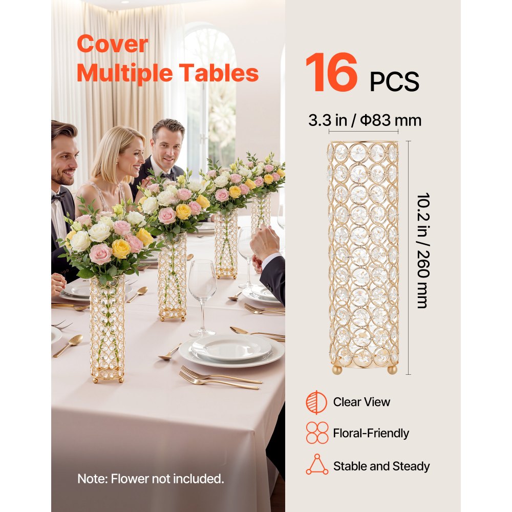VEVOR 16 PCS Crystal Wedding Flower Vase, 10.24 in Tall Flower Table Centerpieces, Crystal Cylinder Banquet Vases Easy Installation, Versatile Arrangement Stand for Party Events Room Home Decor, Gold