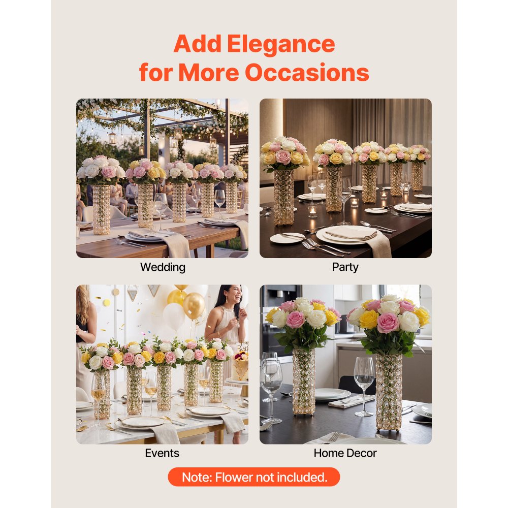 VEVOR 16 PCS Crystal Wedding Flower Vase, 10.24 in Tall Flower Table Centerpieces, Crystal Cylinder Banquet Vases Easy Installation, Versatile Arrangement Stand for Party Events Room Home Decor, Gold