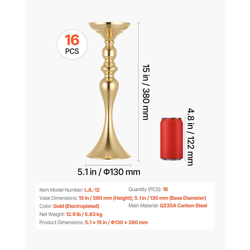 VEVOR 16 PCS Wedding Flower Vase, 15 in Tall Flower Table Centerpieces, Crystal Banquet Vases Easy Installation, Electroplated Versatile Arrangement Stand for Party Events Home Decor Reception, Gold