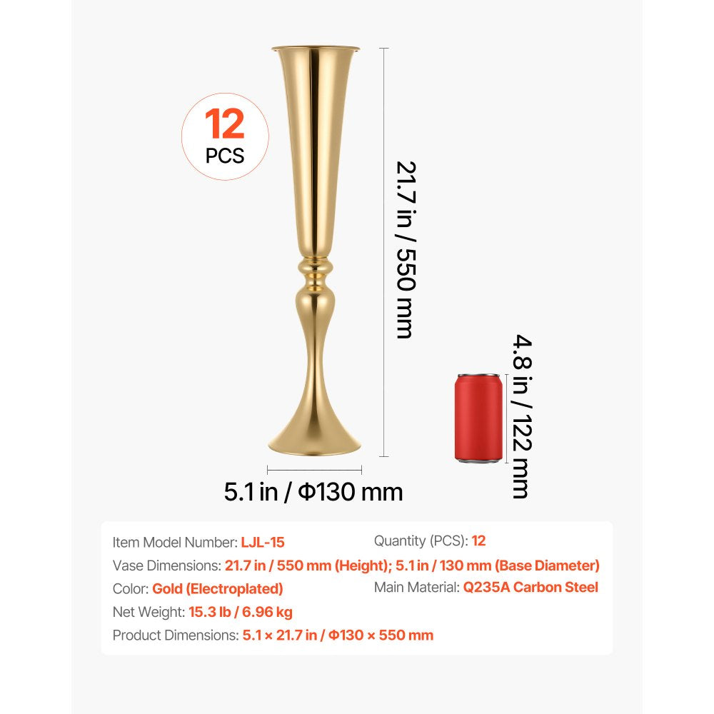 VEVOR 12 PCS Wedding Flower Vase, 21.7 in Tall Trumpet Flower Table Centerpieces, Banquet Vases Easy Installation, Electroplated Versatile Arrangement Stand for Party Events Home Decor Reception, Gold