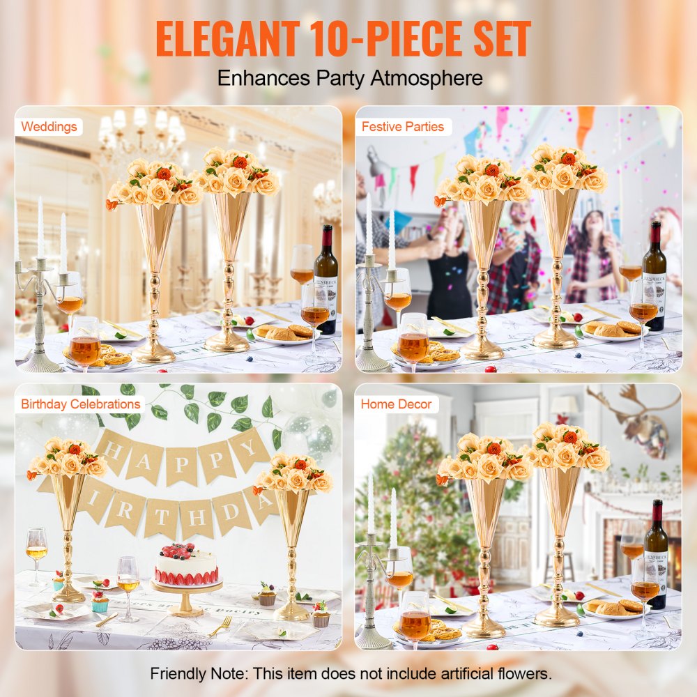 VEVOR 10PCS 43cm/16.9” Tall Wedding Flower Vase, Metal Wedding Trumpet Centerpiece, Gold Floral Stand Display Rack for Tables Wedding Dinner Party, Anniversary Ceremony Birthday Event Decor