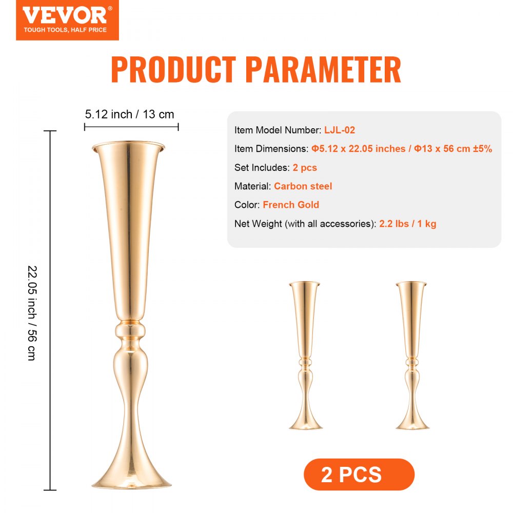 VEVOR 2PCS 56cm/22.05” Tall Wedding Flower Vase, Metal Wedding Trumpet Centerpiece, Gold Floral Stand Display Rack for Tables Wedding Dinner Party, Anniversary Ceremony Birthday Event Decor