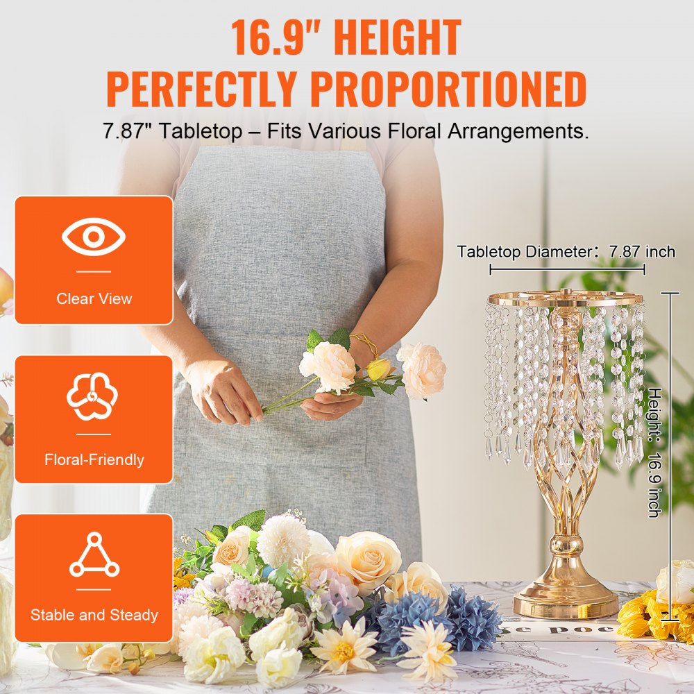 VEVOR 20PCS 43cm/16.9” Tall Crystal Wedding Flower Stand, Metal Wedding Centerpiece Vase, Gold Flower Holders Floral Display Rack for Tables Wedding Dinner Party, Ceremony Birthday Event Decor