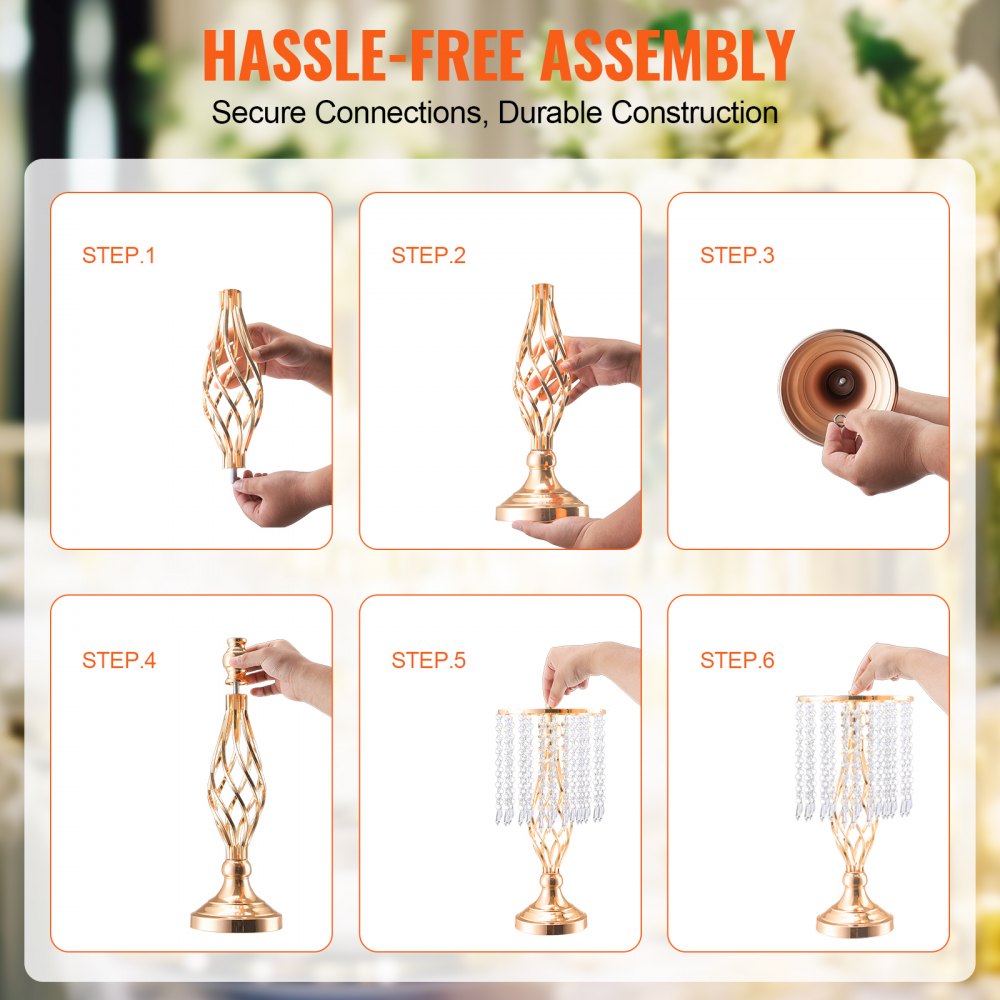 VEVOR 20PCS 43cm/16.9” Tall Crystal Wedding Flower Stand, Metal Wedding Centerpiece Vase, Gold Flower Holders Floral Display Rack for Tables Wedding Dinner Party, Ceremony Birthday Event Decor
