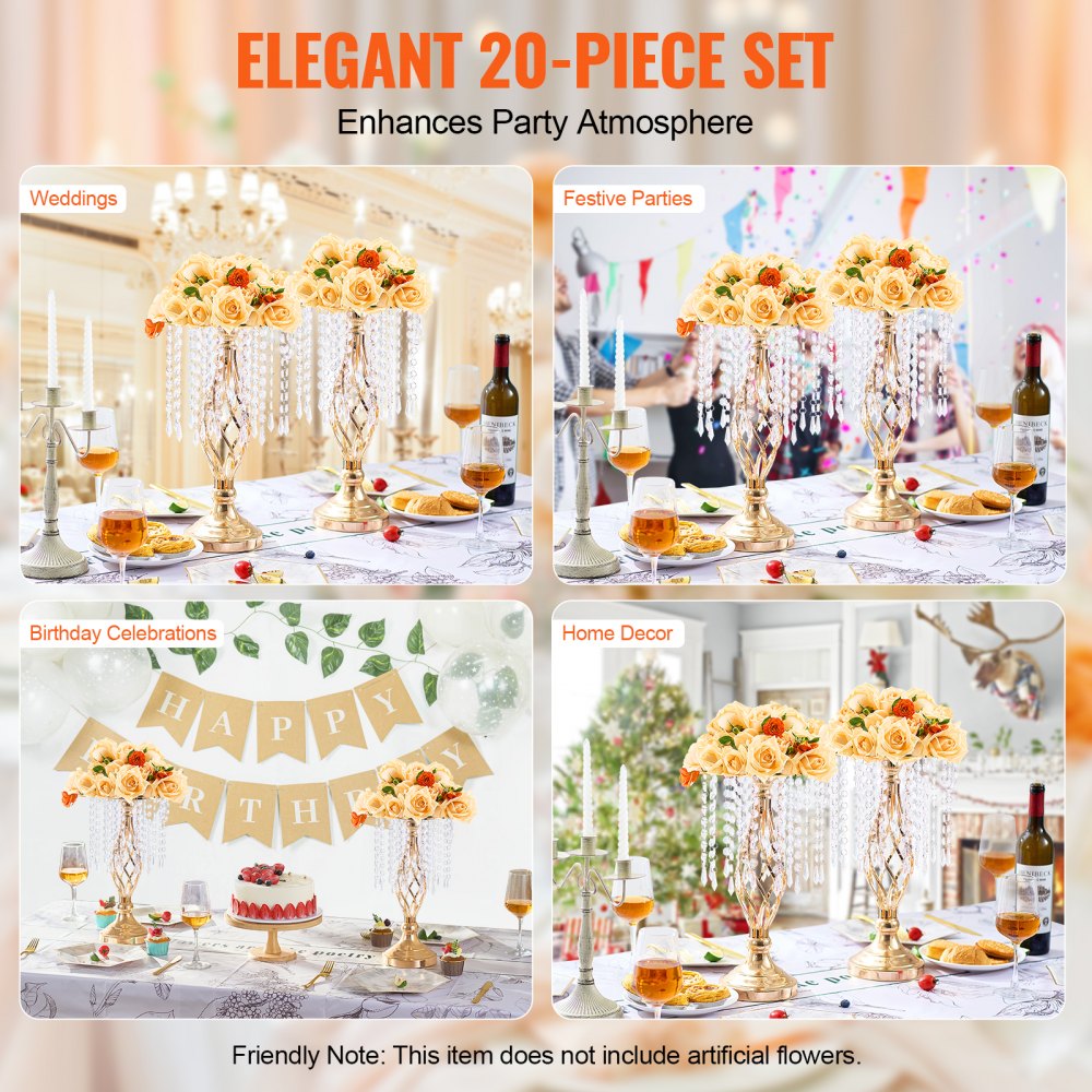 VEVOR 20PCS 43cm/16.9” Tall Crystal Wedding Flower Stand, Metal Wedding Centerpiece Vase, Gold Flower Holders Floral Display Rack for Tables Wedding Dinner Party, Ceremony Birthday Event Decor