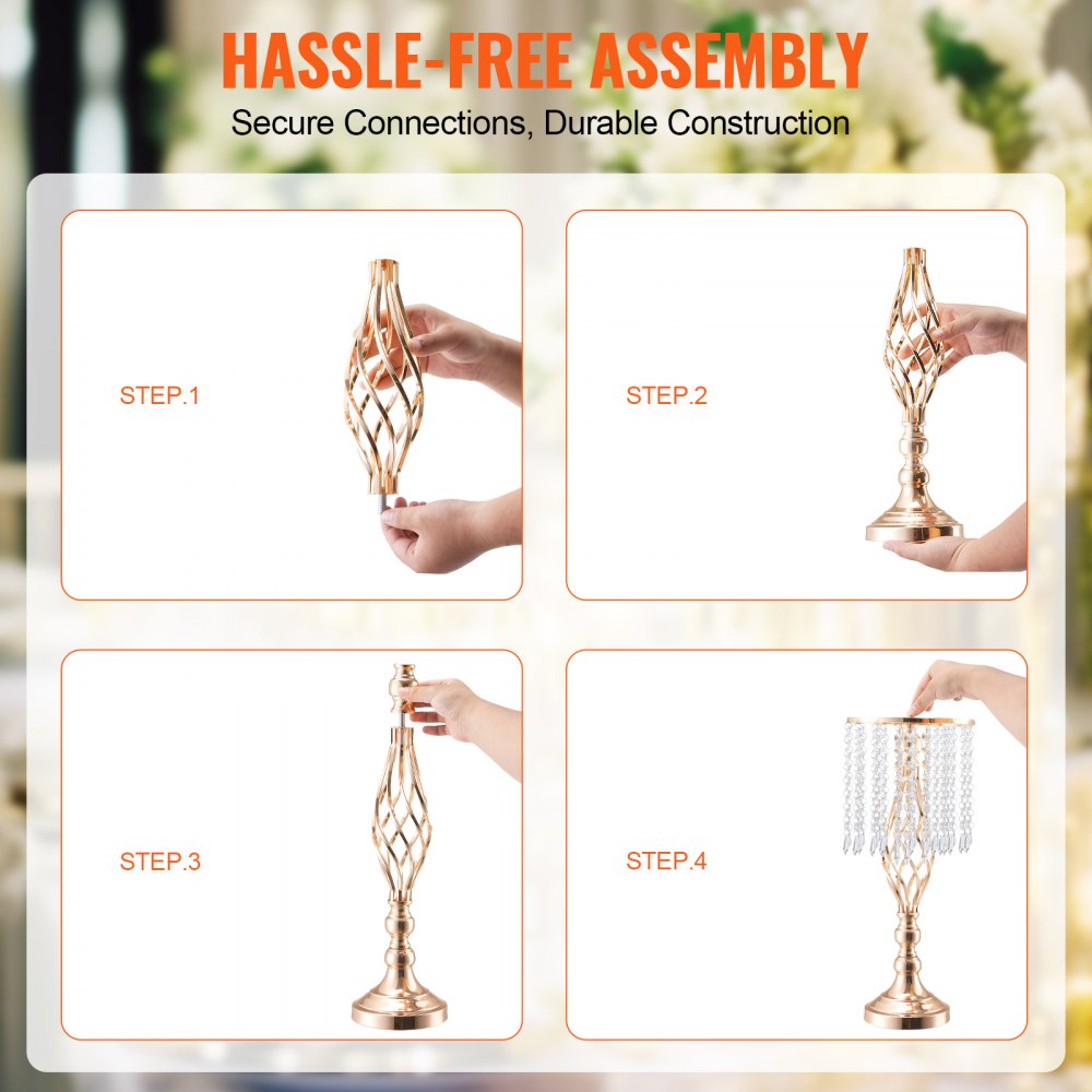VEVOR 12PCS 49cm/19.3” Tall Crystal Wedding Flower Stand, Metal Wedding Centerpiece Vase, Gold Flower Holders Floral Display Rack for Tables Wedding Dinner Party, Ceremony Birthday Event Decor