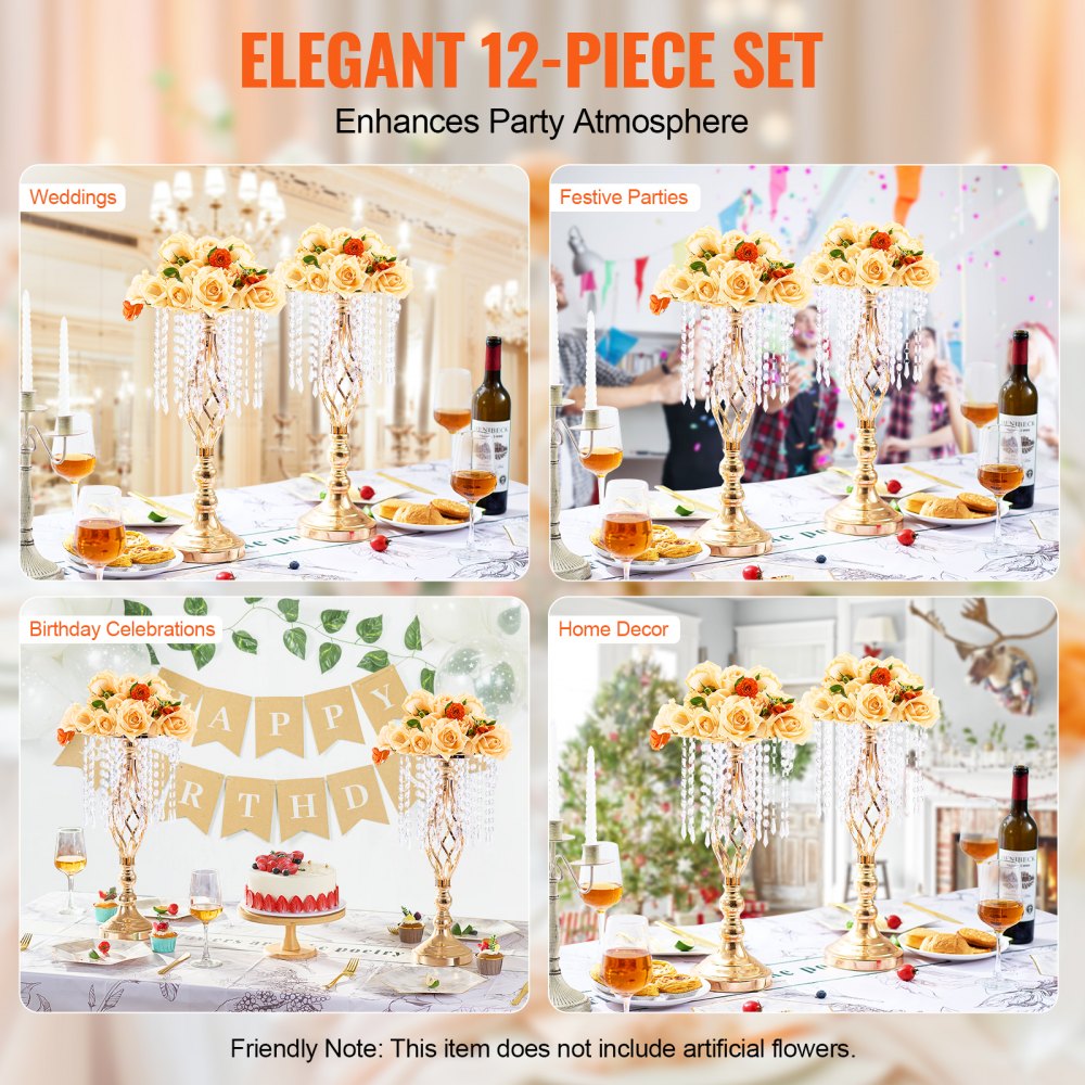 VEVOR 12PCS 49cm/19.3” Tall Crystal Wedding Flower Stand, Metal Wedding Centerpiece Vase, Gold Flower Holders Floral Display Rack for Tables Wedding Dinner Party, Ceremony Birthday Event Decor