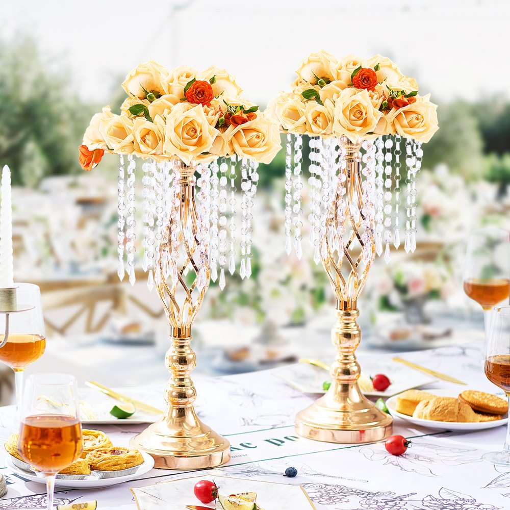VEVOR 12PCS 49cm/19.3” Tall Crystal Wedding Flower Stand, Metal Wedding Centerpiece Vase, Gold Flower Holders Floral Display Rack for Tables Wedding Dinner Party, Ceremony Birthday Event Decor