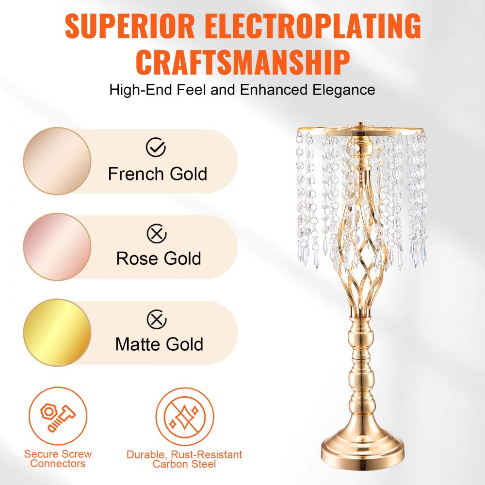 VEVOR 2PCS 55cm/21.65” Tall Crystal Wedding Flower Stand, Metal Wedding Centerpiece Vase, Gold Flower Holders Floral Display Rack for Tables Wedding Dinner Party, Ceremony Birthday Event Decor