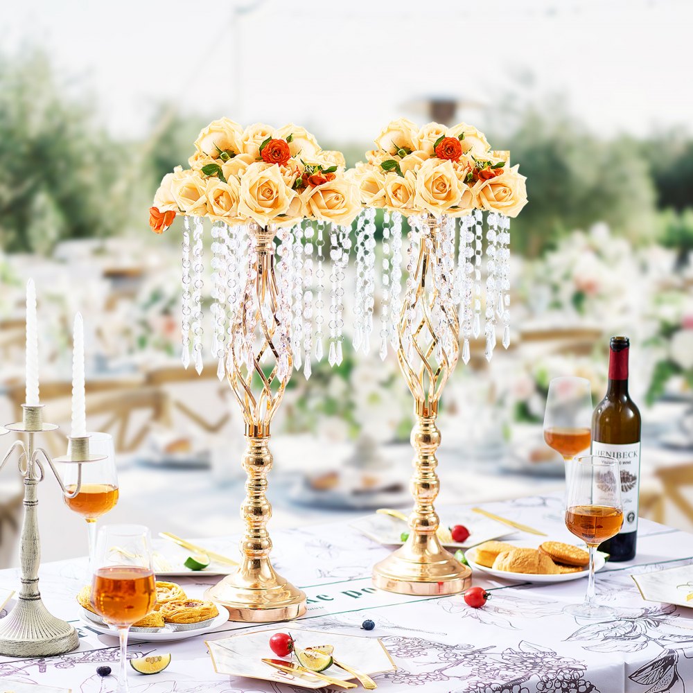 VEVOR 2PCS 55cm/21.65” Tall Crystal Wedding Flower Stand, Metal Wedding Centerpiece Vase, Gold Flower Holders Floral Display Rack for Tables Wedding Dinner Party, Ceremony Birthday Event Decor