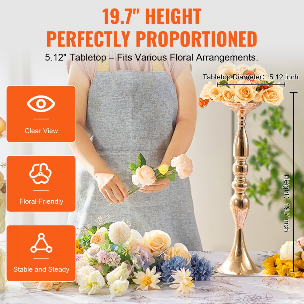 VEVOR 24PCS 50cm/19.7” Tall Wedding Flower Vase, Metal Wedding Centerpiece, Gold Floral Arrangement Stand Display Rack for Tables Wedding Dinner Party, Anniversary Ceremony Birthday Event Decor