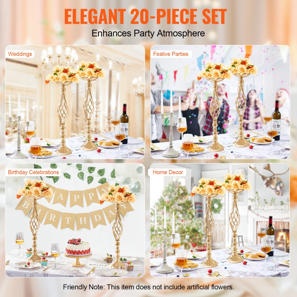 VEVOR 20PCS 58cm/22.83” Tall Wedding Flower Vase, Metal Wedding Centerpiece, Gold Floral Arrangement Stand Display Rack for Tables Wedding Dinner Party, Anniversary Ceremony Birthday Event Decor