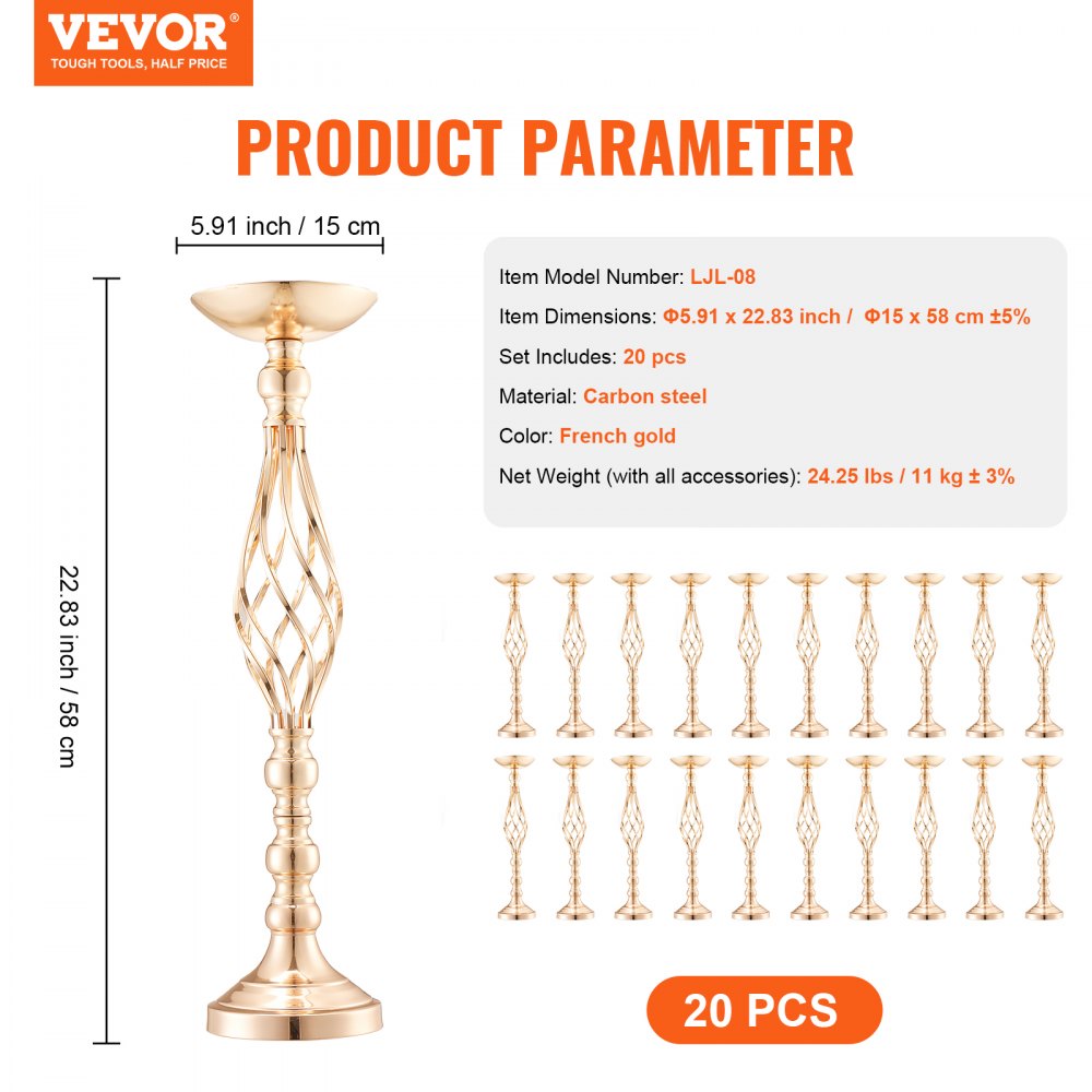 VEVOR 20PCS 58cm/22.83” Tall Wedding Flower Vase, Metal Wedding Centerpiece, Gold Floral Arrangement Stand Display Rack for Tables Wedding Dinner Party, Anniversary Ceremony Birthday Event Decor