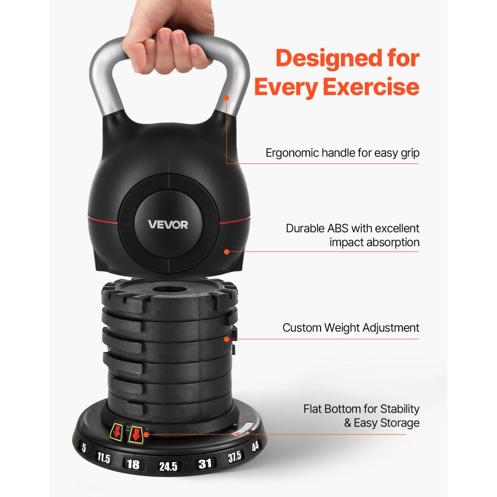 VEVOR Kettlebell, Adjustable Kettlebell with 7 Weight Levels (5, 11.5, 18, 24.5, 31, 37.5, 44 lbs), Die-Cast Aluminum and ABS Material, for Grip Strength Training, Full-body Workout & Cross-Training