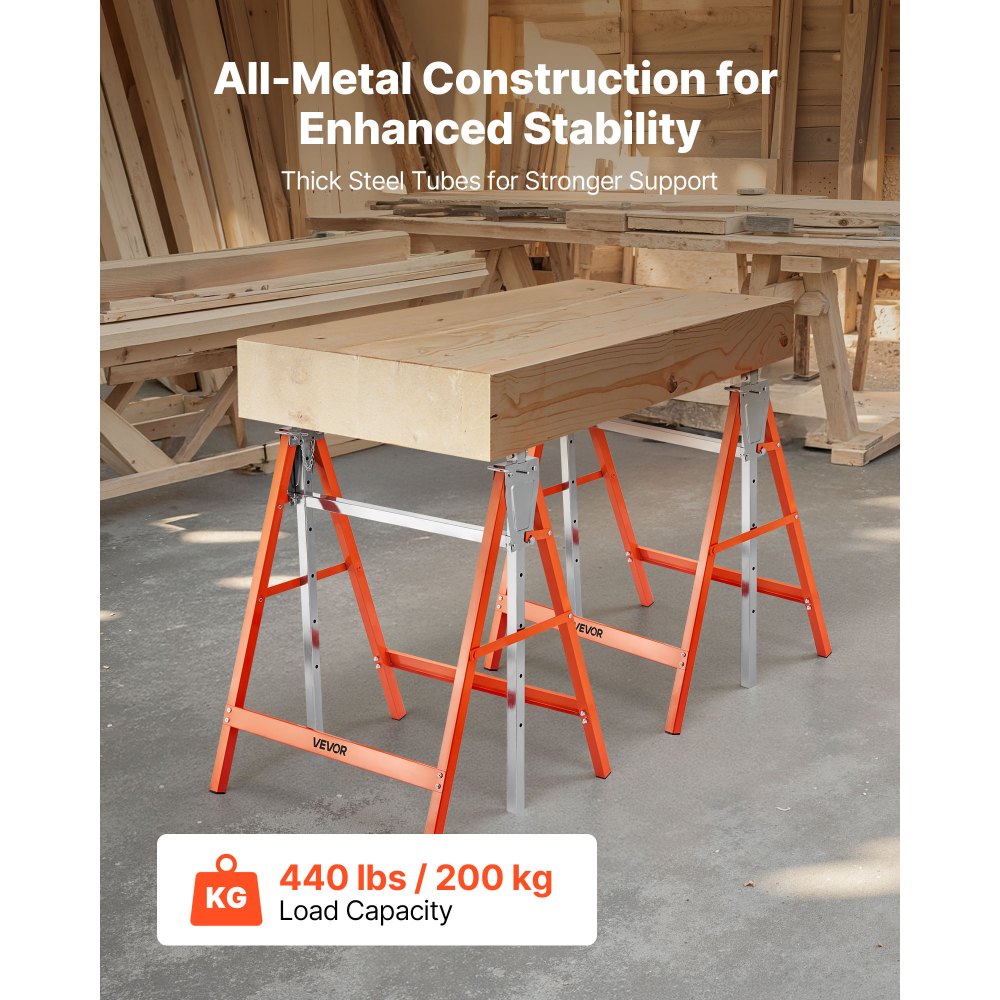 VEVOR Saw Horses, 2 Pack Folding Work Horses, 440 lbs Load Capacity Sawhorse with Heavy Duty Legs, Adjustable Height Saw Horse with Non-Slip Foot Pads, for Woodworking, Carpenters & Contractors