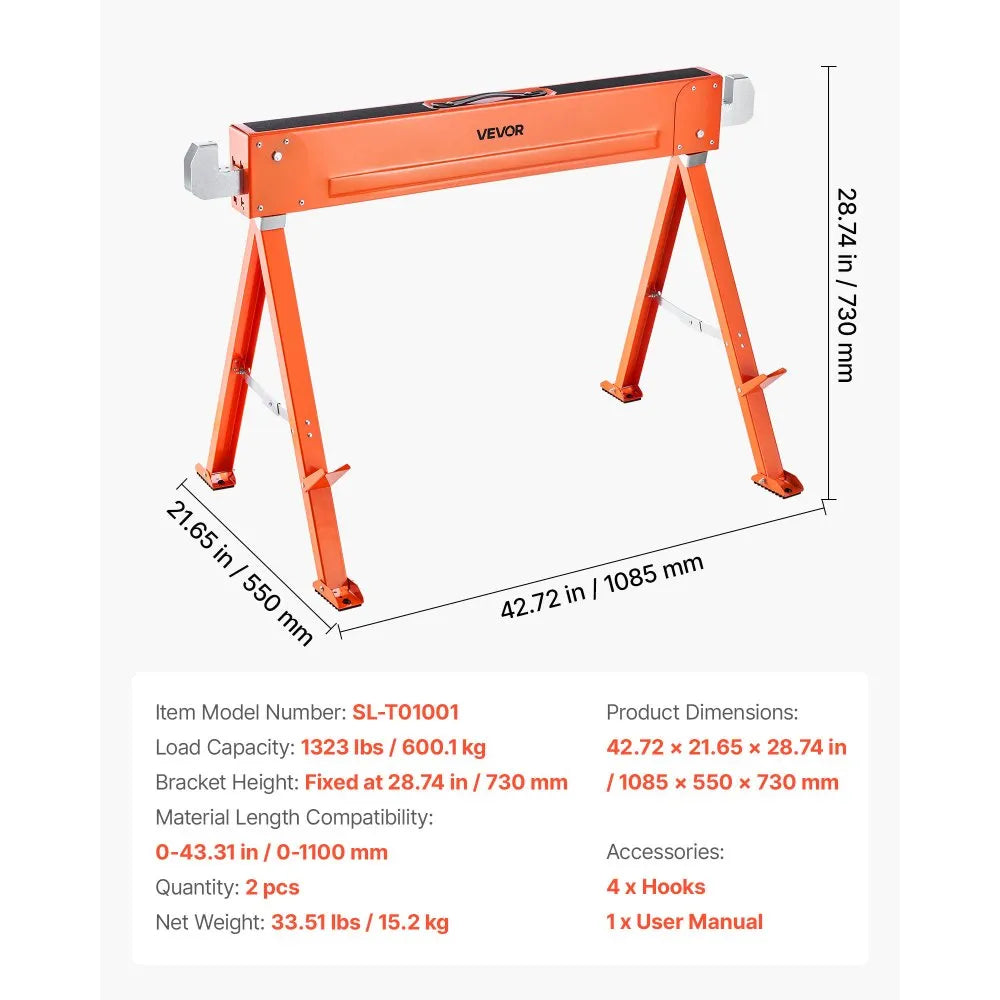 VEVOR Saw Horses, 2 Pack Folding Work Horses, 1323 lbs Load Capacity Sawhorse with Heavy Duty Legs, All-Metal Portable Saw Horse with Non-Slip Foot Pads, for Woodworking, Carpenters & Contractors