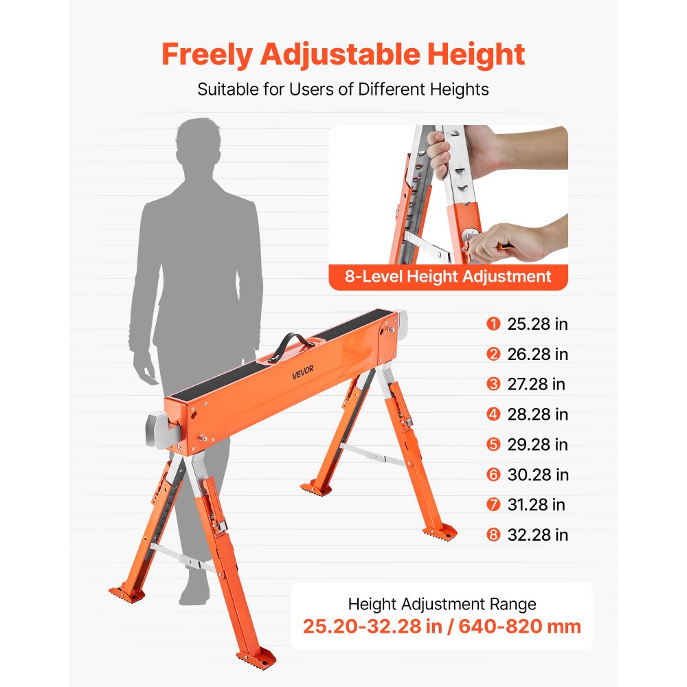 VEVOR Saw Horses, 2 Pack Folding Work Horses, 1800 lbs Load Capacity Sawhorse with Heavy Duty Legs, Adjustable Height Saw Horse with Non-Slip Foot Pads, for Woodworking, Carpenters & Contractors