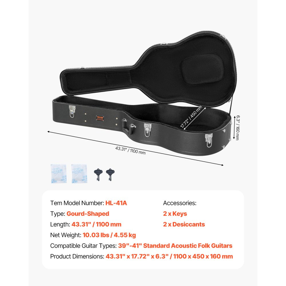 VEVOR Acoustic Guitar Hard Case, 43.31 in Gourd-Shaped Guitar Hard Case, With Lock Latch Key Handle, PVC Padding Soft Lining Water-Resistant Hard Shell Guitar Case, for 39-41 in Acoustic Guitar, Black