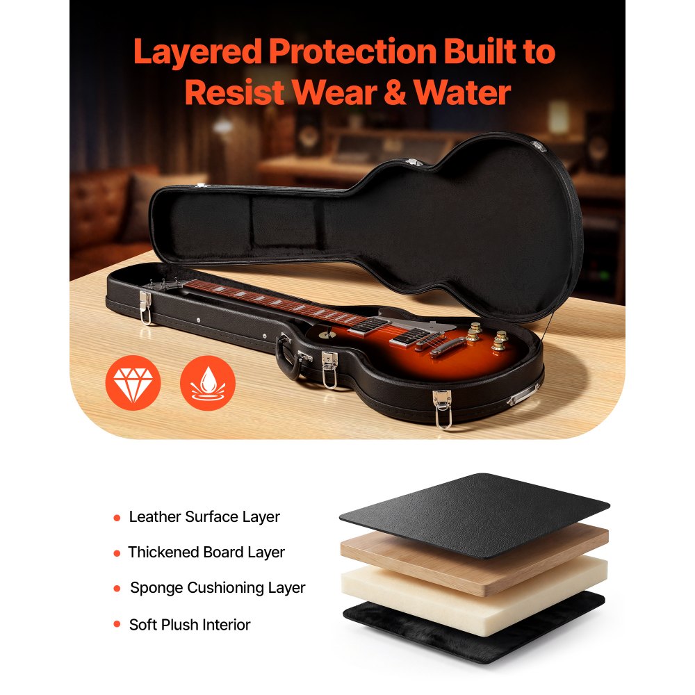 VEVOR Electric Guitar Hard Case, 42.2 Inch, Wooden Hard-Shell Protective Carrying Case with Lock Latch, Sponge Lining, Keys, Accessory Compartment, Water-Resistant, for 39 Inch Les Paul Guitars, Black