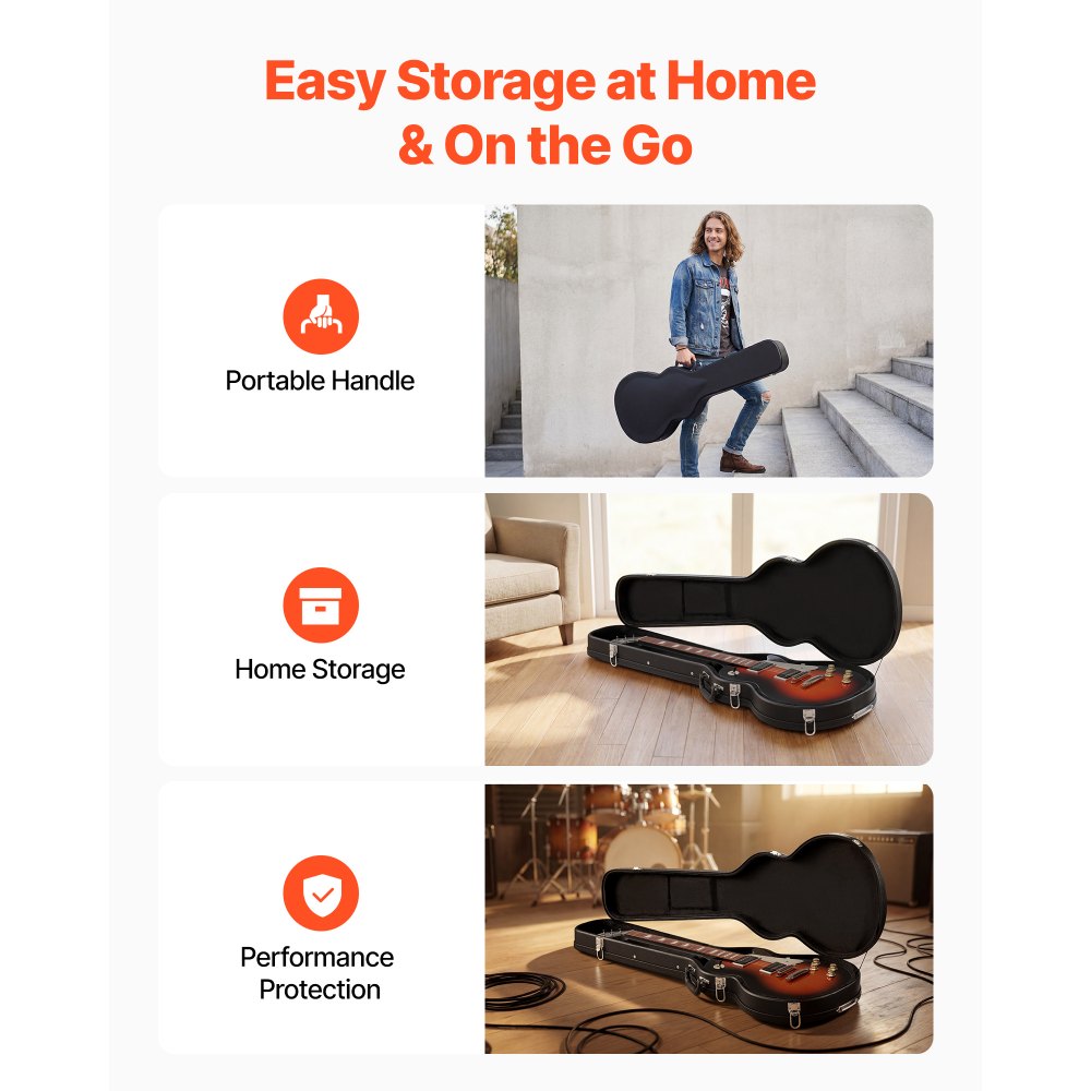 VEVOR Electric Guitar Hard Case, 42.2 Inch, Wooden Hard-Shell Protective Carrying Case with Lock Latch, Sponge Lining, Keys, Accessory Compartment, Water-Resistant, for 39 Inch Les Paul Guitars, Black