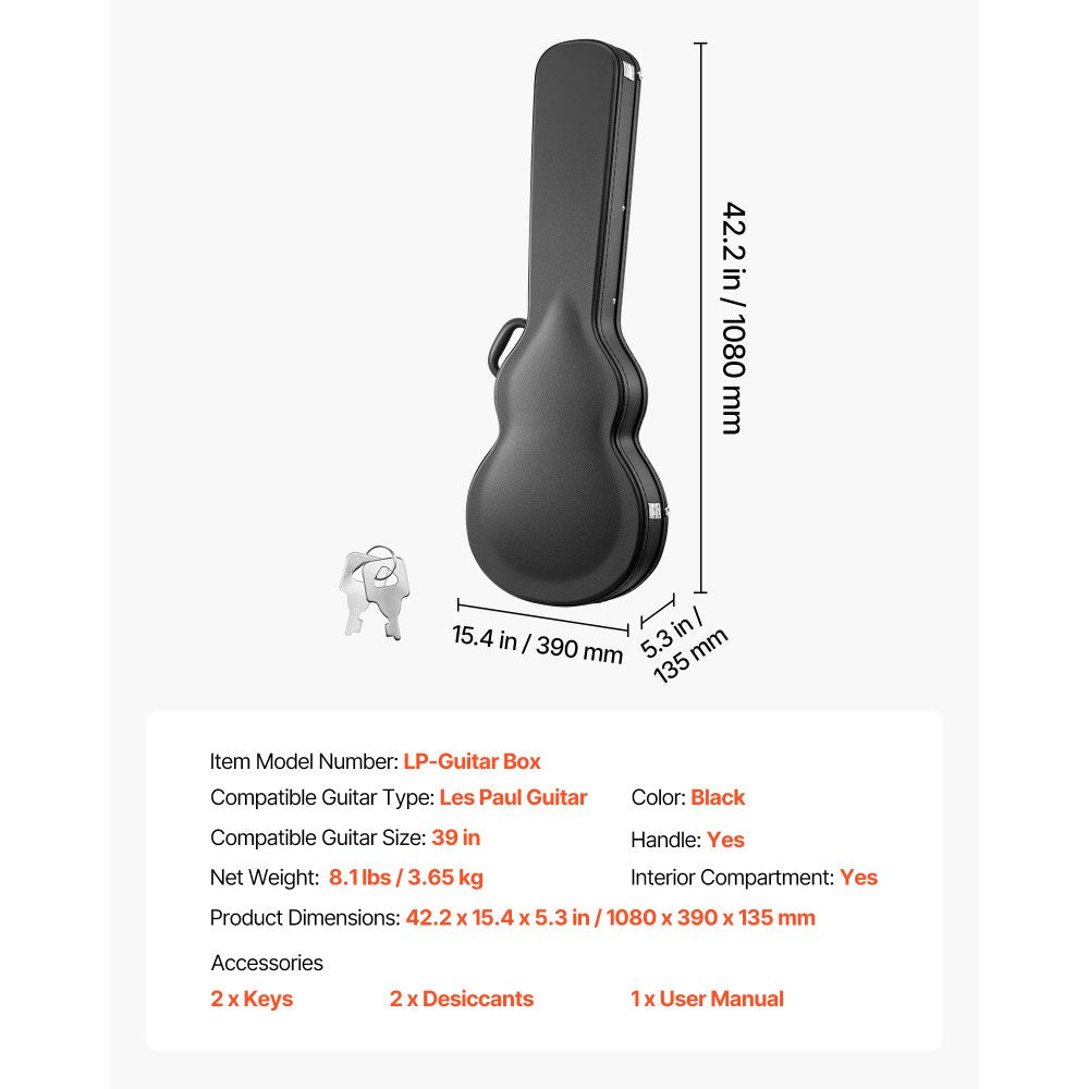 VEVOR Electric Guitar Hard Case, 42.2 Inch, Wooden Hard-Shell Protective Carrying Case with Lock Latch, Sponge Lining, Keys, Accessory Compartment, Water-Resistant, for 39 Inch Les Paul Guitars, Black