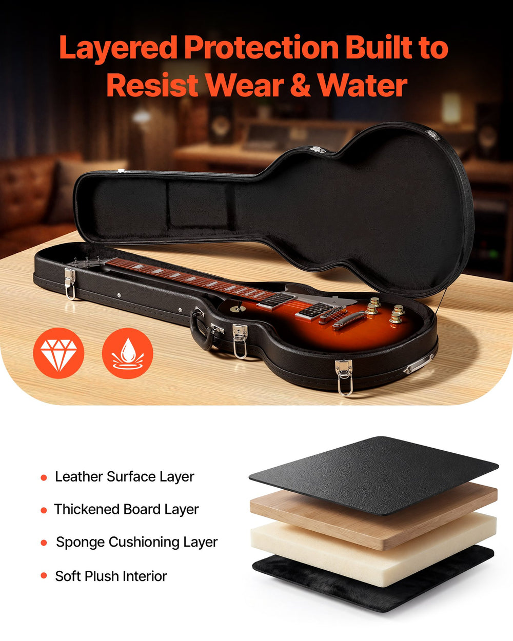 VEVOR Electric Guitar Hard Case, 42.2 Inch, Wooden Hard-Shell Protective Carrying Case with Lock Latch, Sponge Lining, Keys, Accessory Compartment, Water-Resistant, for 39 Inch Les Paul Guitars, Black