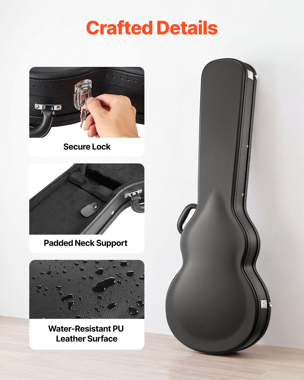 VEVOR Electric Guitar Hard Case, 42.2 Inch, Wooden Hard-Shell Protective Carrying Case with Lock Latch, Sponge Lining, Keys, Accessory Compartment, Water-Resistant, for 39 Inch Les Paul Guitars, Black