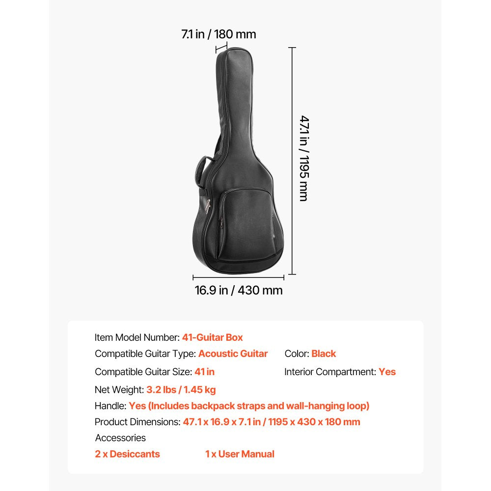 VEVOR Acoustic Guitar Hard Case, 47.1 Inch, Hard-Shell Protective Travel Carrying Case with Accessory Compartment, Foam Padding, Portable Handle, Shoulder Straps, for 41 Inch Acoustic Guitars, Black