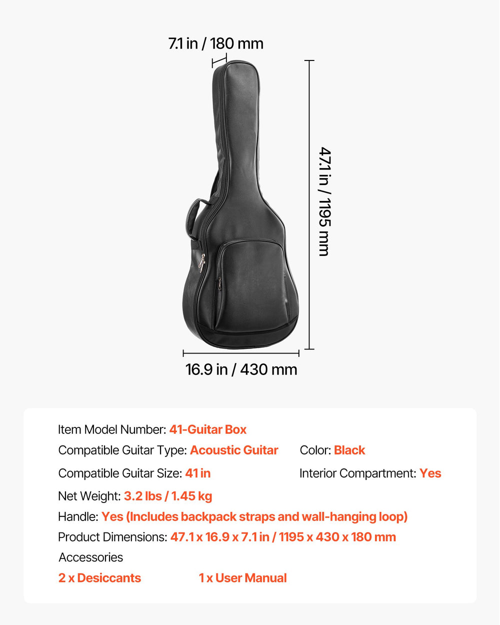 VEVOR Acoustic Guitar Hard Case, 47.1 Inch, Hard-Shell Protective Travel Carrying Case with Accessory Compartment, Foam Padding, Portable Handle, Shoulder Straps, for 41 Inch Acoustic Guitars, Black