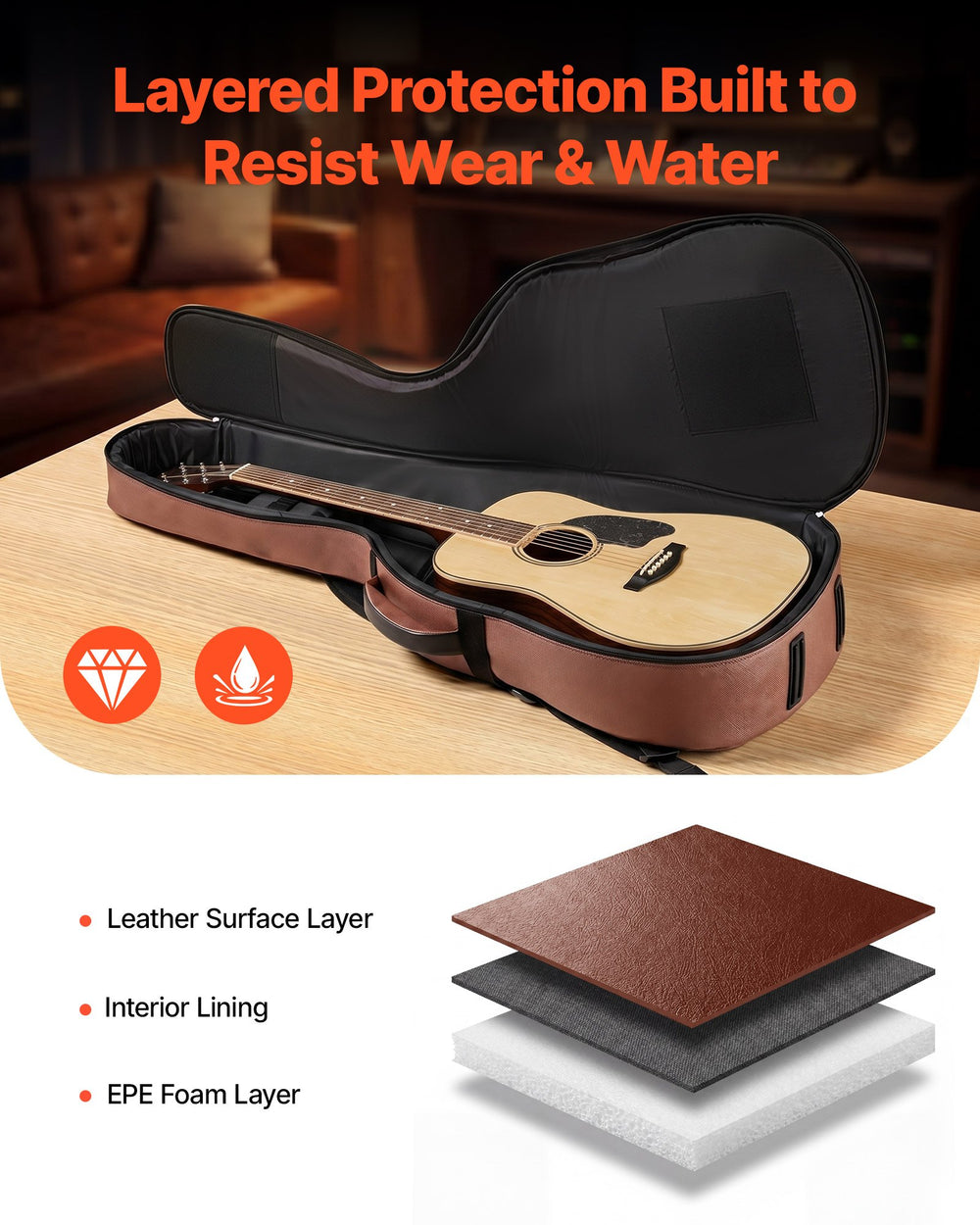 VEVOR Acoustic Guitar Hard Case, 47.1 Inch, Hard-Shell Protective Travel Carrying Case with Accessory Compartment, Foam Padding, Portable Handle, Shoulder Straps, for 41 Inch Acoustic Guitars, Brown
