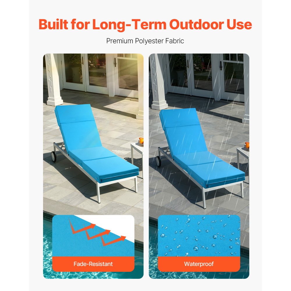 VEVOR Chaise Lounge Cushion, 72 x 21 x 4 in, Set of 2 Outdoor Lounge Chair Cushions, Waterproof & Fade-Resistant, Sun Lounger Cushions with Ties, Thick Patio Lounger Pads for Pool Deck, Teal Color