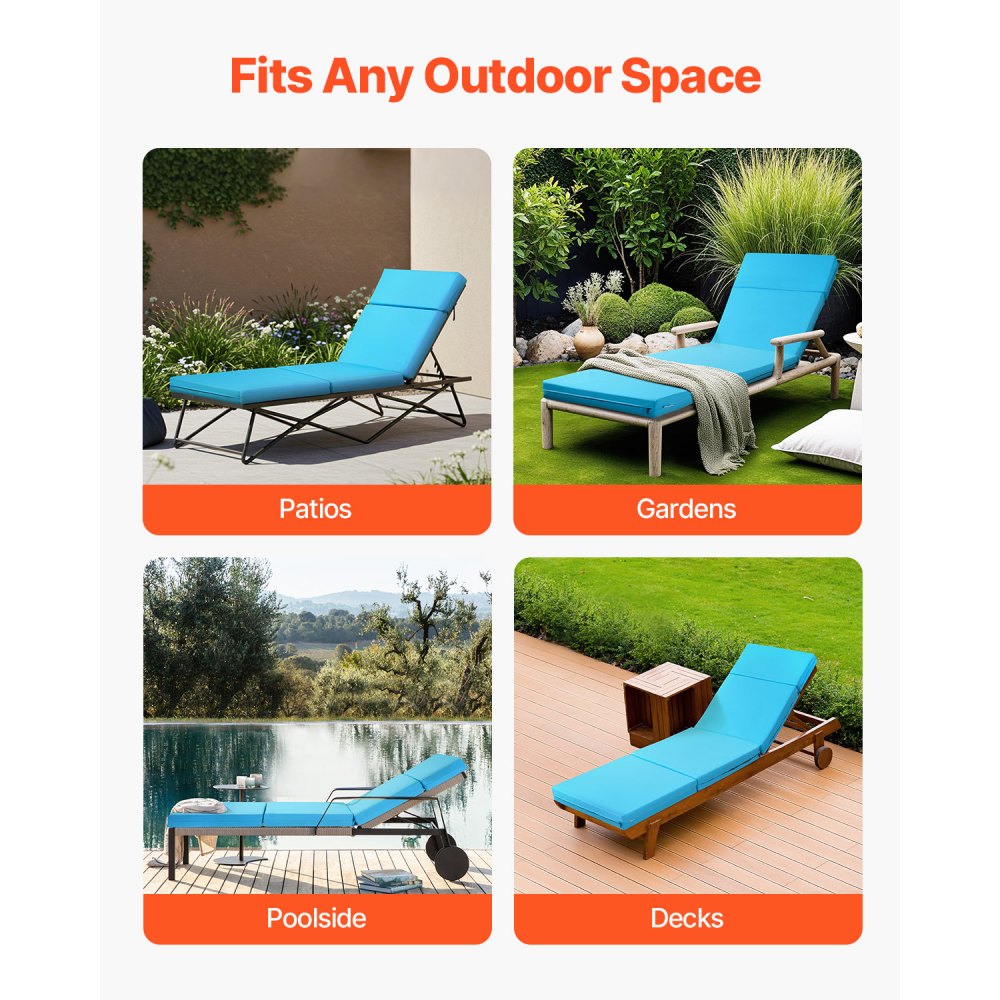VEVOR Chaise Lounge Cushion, 72 x 21 x 4 in, Set of 2 Outdoor Lounge Chair Cushions, Waterproof & Fade-Resistant, Sun Lounger Cushions with Ties, Thick Patio Lounger Pads for Pool Deck, Teal Color