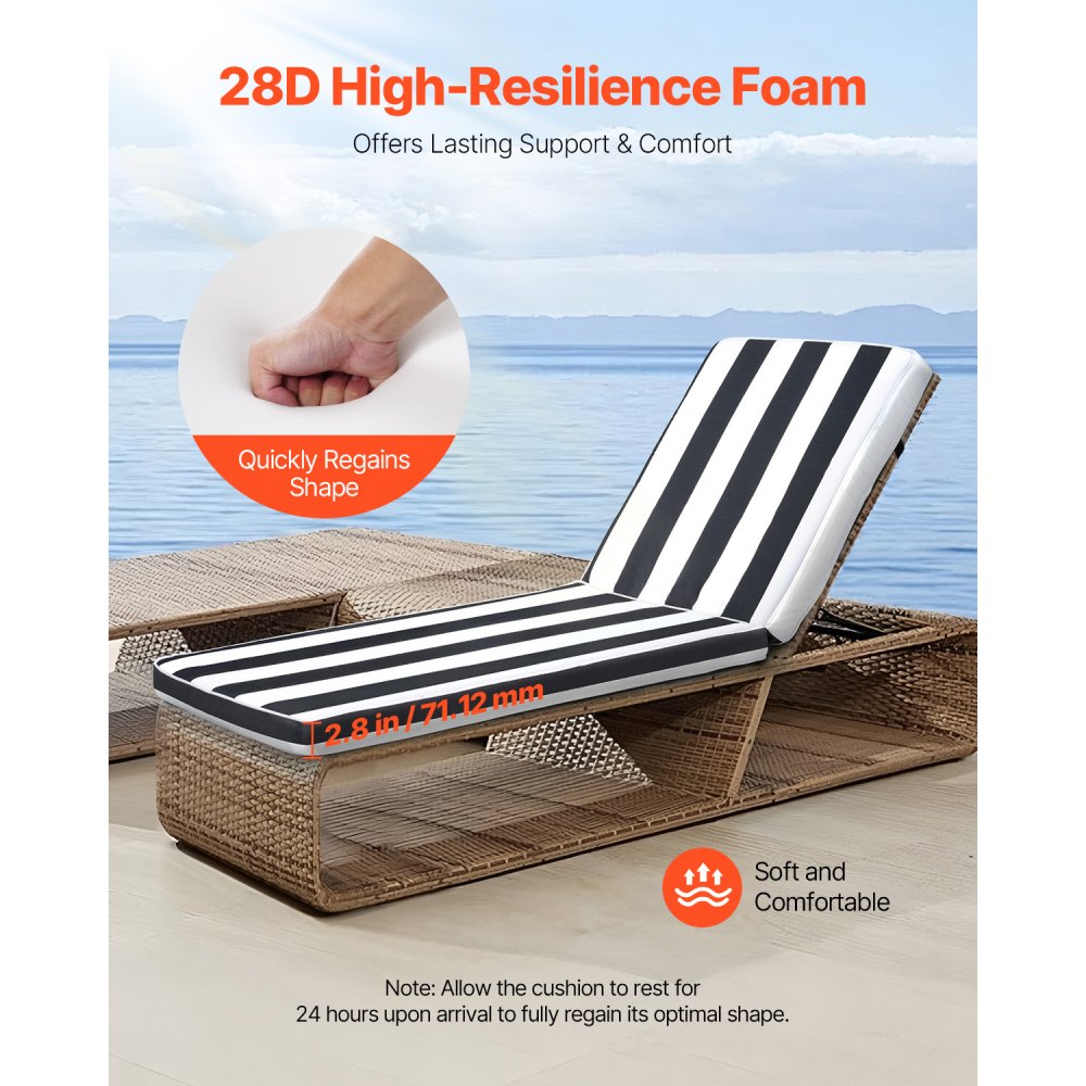 VEVOR Chaise Lounge Cushion, 74 x 22 x 3 in, Set of 2 Outdoor Lounge Chair Cushions, Waterproof & Fade-Resistant Sun Lounger Cushions with Ties, Patio Lounger Pads for Pool Deck, Black & White Stripes