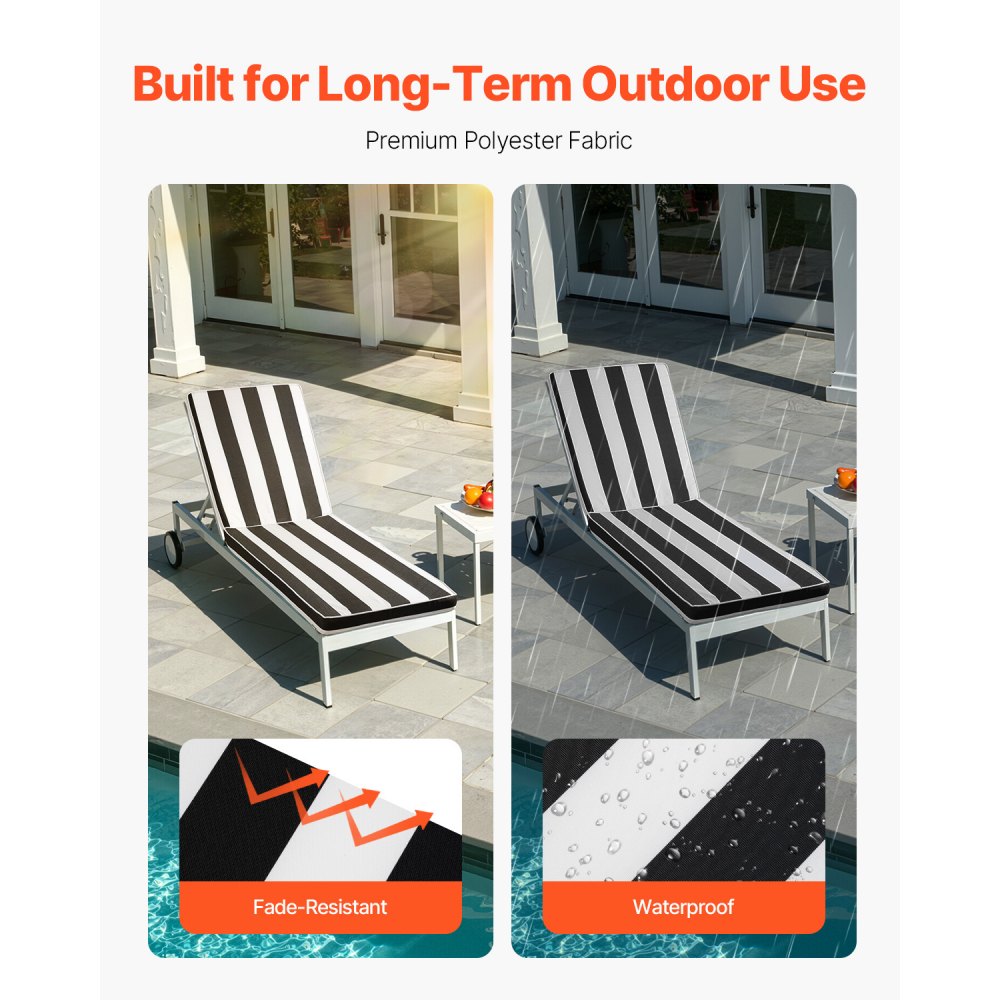 VEVOR Chaise Lounge Cushion, 74 x 22 x 3 in, Set of 2 Outdoor Lounge Chair Cushions, Waterproof & Fade-Resistant Sun Lounger Cushions with Ties, Patio Lounger Pads for Pool Deck, Black & White Stripes