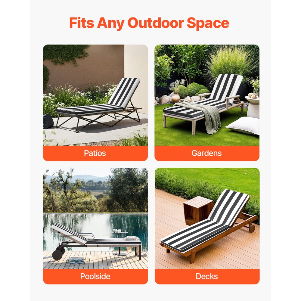 VEVOR Chaise Lounge Cushion, 74 x 22 x 3 in, Set of 2 Outdoor Lounge Chair Cushions, Waterproof & Fade-Resistant Sun Lounger Cushions with Ties, Patio Lounger Pads for Pool Deck, Black & White Stripes
